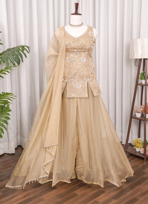 Golden bead sequin embroidered salsa silk sharara set for wedding 3