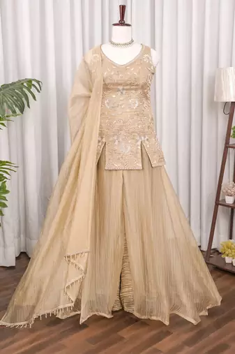 Golden bead sequin embroidered salsa silk sharara set for wedding