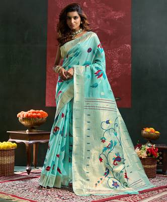 Sea green color smart cotton silk  weving meenakari paithani designer traditional rich saree 1