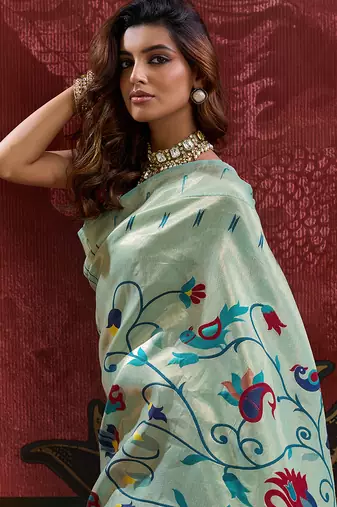 Sea green color smart cotton silk  weving meenakari paithani designer traditional rich saree