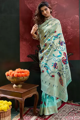 Sea green color smart cotton silk  weving meenakari paithani designer traditional rich saree