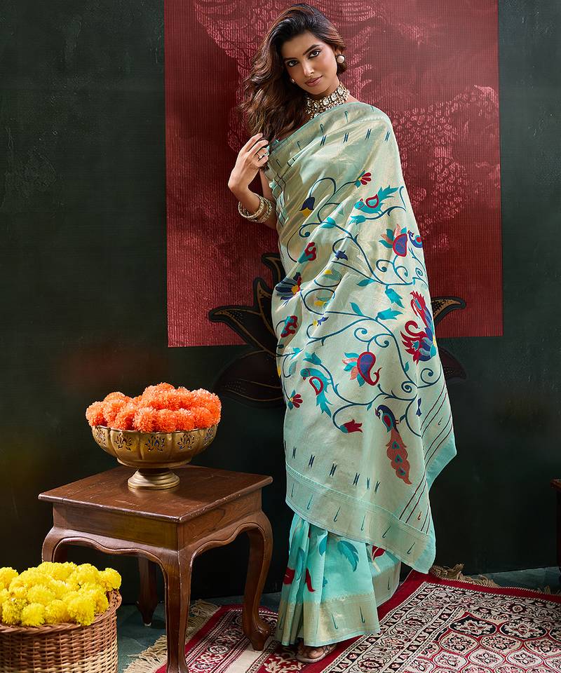Sea green color smart cotton silk  weving meenakari paithani designer traditional rich saree
