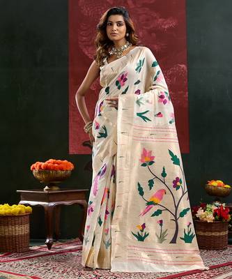 Cream color smart cotton silk  weving meenakari paithani designer traditional rich saree 1