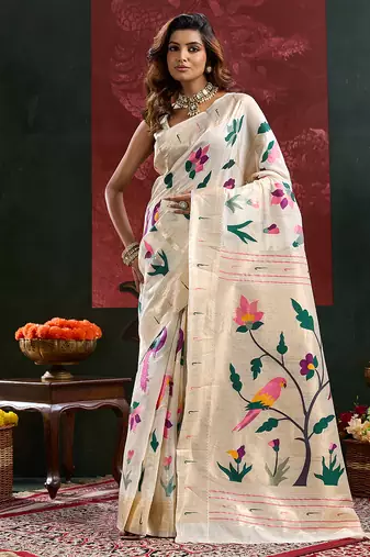 Cream color smart cotton silk  weving meenakari paithani designer traditional rich saree