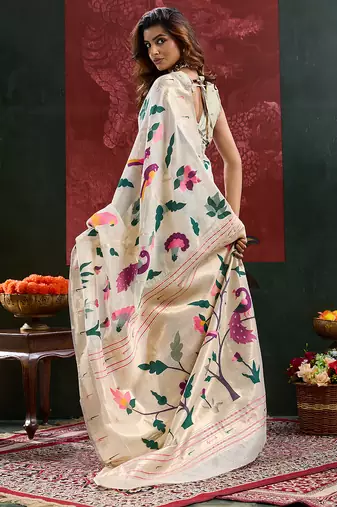 Cream color smart cotton silk  weving meenakari paithani designer traditional rich saree
