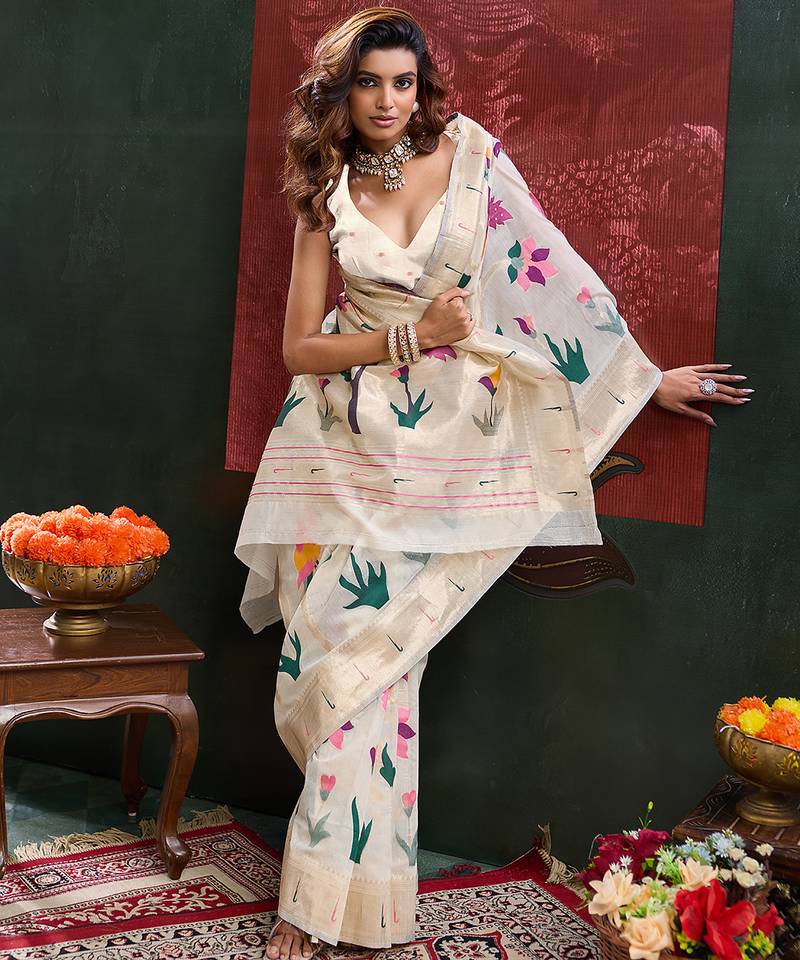 Cream color smart cotton silk  weving meenakari paithani designer traditional rich saree