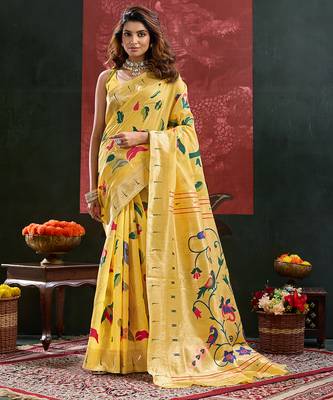 Yellow color smart cotton silk  weving meenakari paithani designer traditional rich saree 1