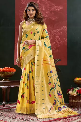 Yellow color smart cotton silk  weving meenakari paithani designer traditional rich saree
