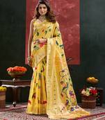 Yellow color smart cotton silk  weving meenakari paithani designer traditional rich saree