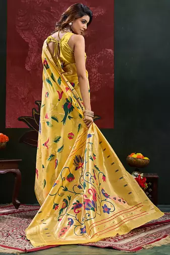 Yellow color smart cotton silk  weving meenakari paithani designer traditional rich saree