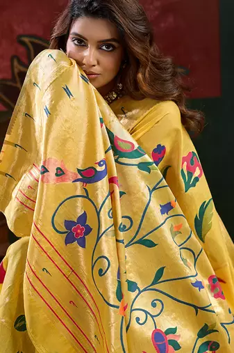 Yellow color smart cotton silk  weving meenakari paithani designer traditional rich saree
