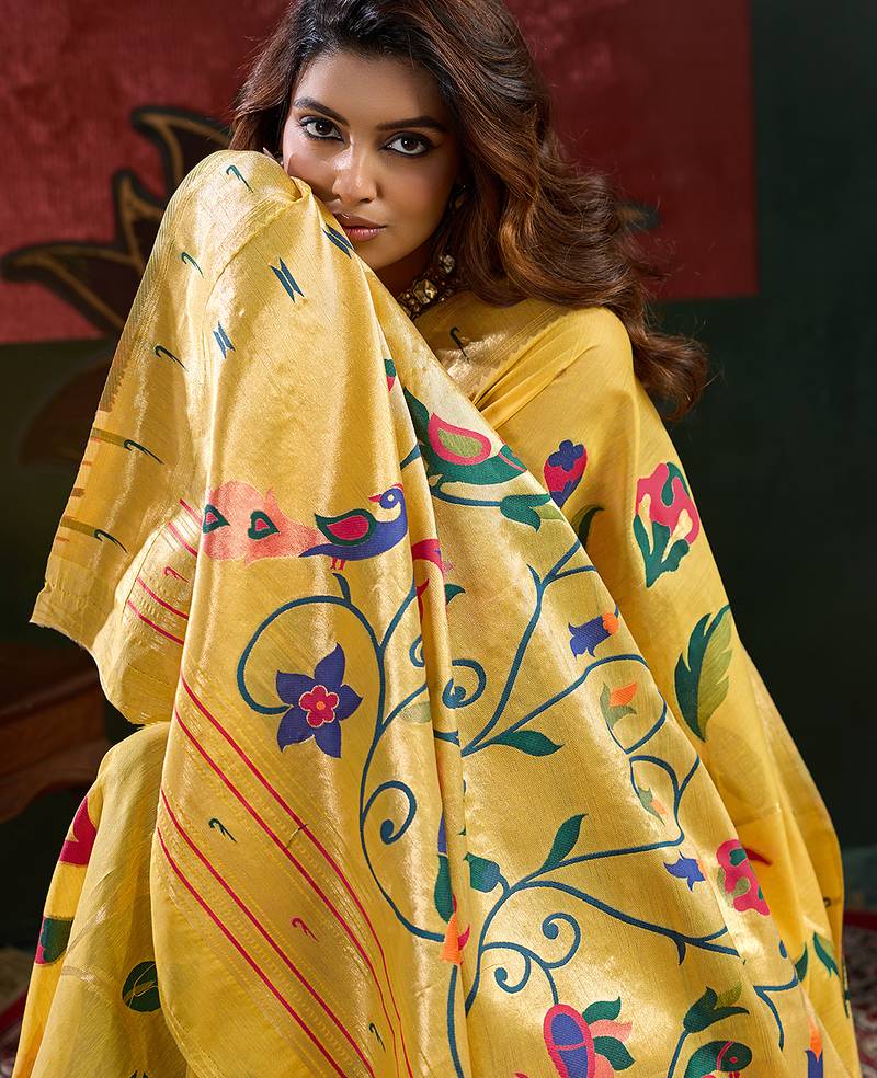Yellow color smart cotton silk  weving meenakari paithani designer traditional rich saree