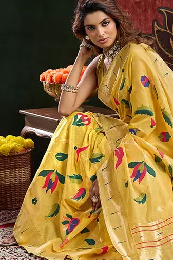 Yellow color smart cotton silk  weving meenakari paithani designer traditional rich saree