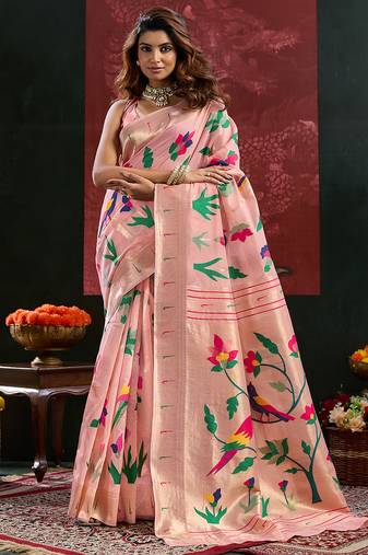 Peach color smart cotton silk  weving meenakari paithani designer traditional rich saree
