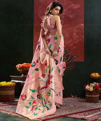 Peach color smart cotton silk  weving meenakari paithani designer traditional rich saree 2