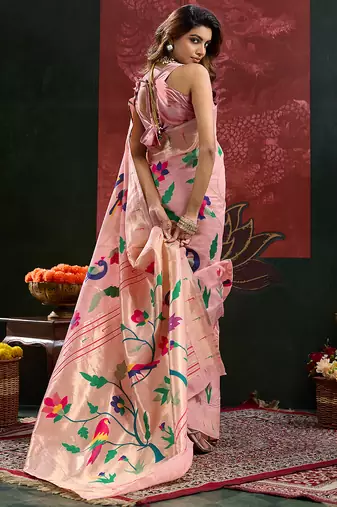 Peach color smart cotton silk  weving meenakari paithani designer traditional rich saree