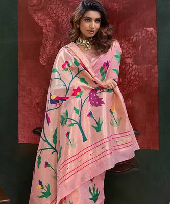 Peach color smart cotton silk  weving meenakari paithani designer traditional rich saree 3