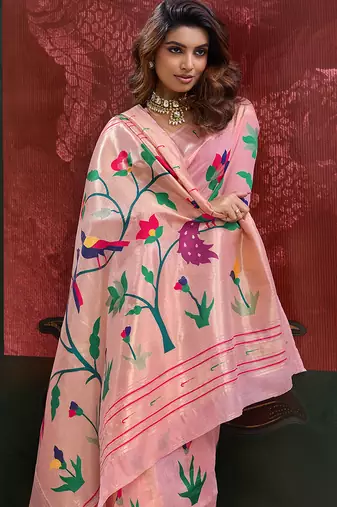 Peach color smart cotton silk  weving meenakari paithani designer traditional rich saree