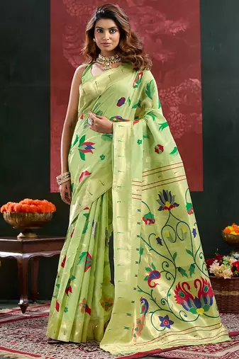 Pista color smart cotton silk  weving meenakari paithani designer traditional rich saree