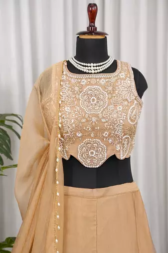 Champagne bead sequin embroidered silk crop top sharara set for wedding