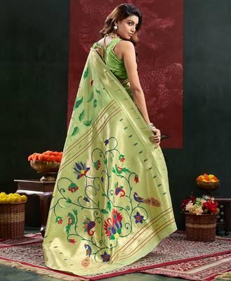 Pista color smart cotton silk  weving meenakari paithani designer traditional rich saree 2