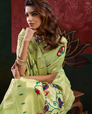 Pista color smart cotton silk  weving meenakari paithani designer traditional rich saree 3