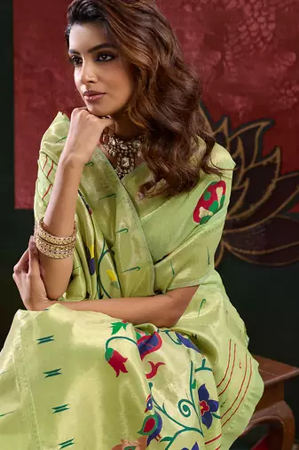 Pista color smart cotton silk  weving meenakari paithani designer traditional rich saree