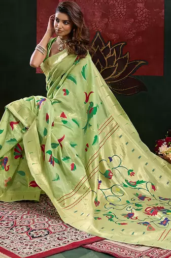 Pista color smart cotton silk  weving meenakari paithani designer traditional rich saree