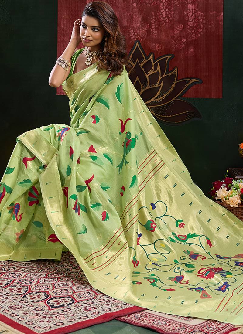 Pista color smart cotton silk  weving meenakari paithani designer traditional rich saree