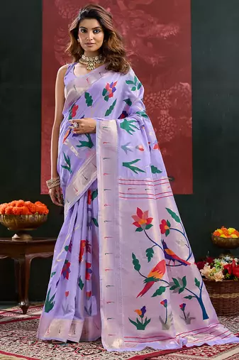 Lavender color smart cotton silk  weving meenakari paithani designer traditional rich saree