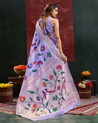 Lavender color smart cotton silk  weving meenakari paithani designer traditional rich saree 2