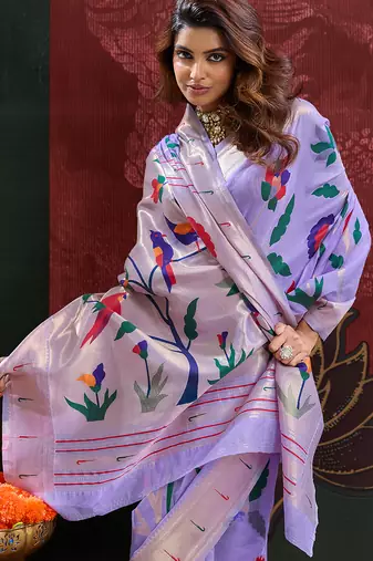 Lavender color smart cotton silk  weving meenakari paithani designer traditional rich saree