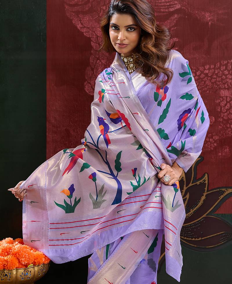 Lavender color smart cotton silk  weving meenakari paithani designer traditional rich saree