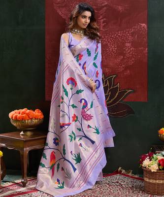 Lavender color smart cotton silk  weving meenakari paithani designer traditional rich saree 4