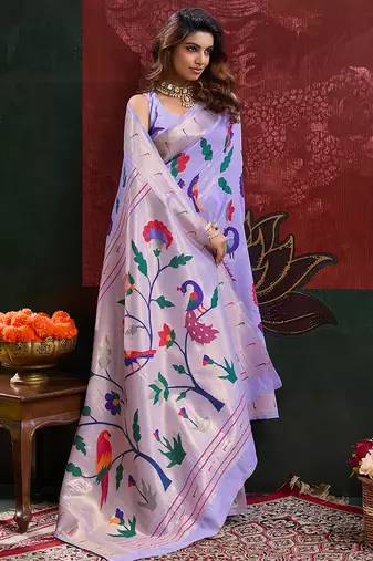 Lavender color smart cotton silk  weving meenakari paithani designer traditional rich saree