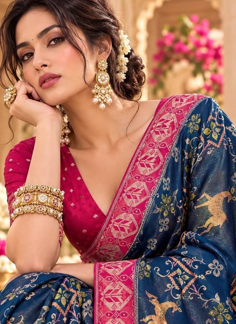 Blue color satin tissue wevon jari designer graceful ethnic fancy saree