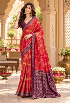 Red color satin tissue wevon jari designer graceful ethnic fancy saree 1