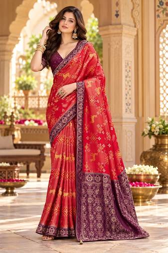 Red color satin tissue wevon jari designer graceful ethnic fancy saree
