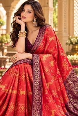 Red color satin tissue wevon jari designer graceful ethnic fancy saree 3