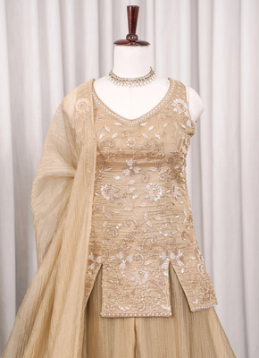 Golden bead sequin embroidered salsa silk sharara set for wedding 4
