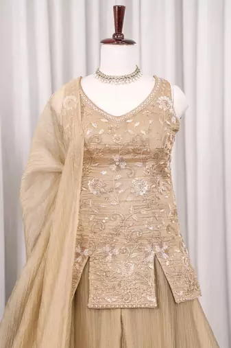 Golden bead sequin embroidered salsa silk sharara set for wedding