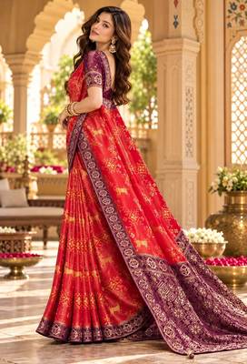 Red color satin tissue wevon jari designer graceful ethnic fancy saree 4
