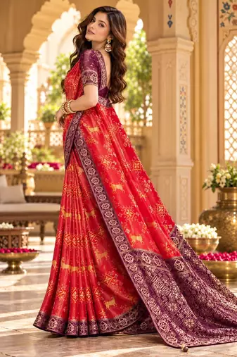 Red color satin tissue wevon jari designer graceful ethnic fancy saree
