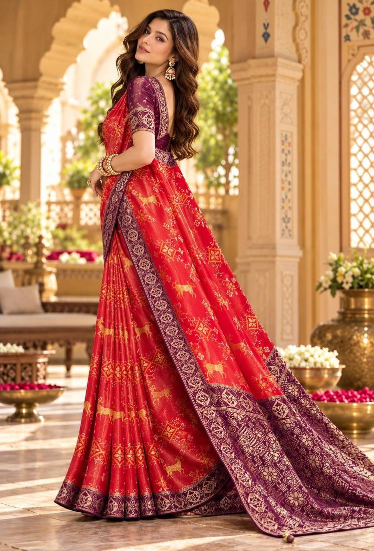 Red color satin tissue wevon jari designer graceful ethnic fancy saree