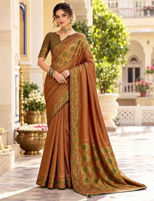 Brown color satin tissue wevon jari designer graceful ethnic fancy saree 1
