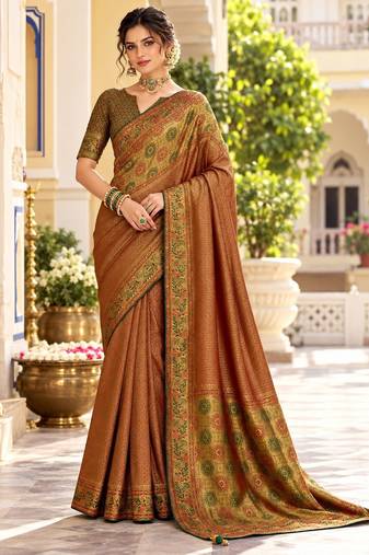 Brown color satin tissue wevon jari designer graceful ethnic fancy saree