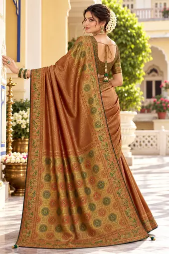 Brown color satin tissue wevon jari designer graceful ethnic fancy saree