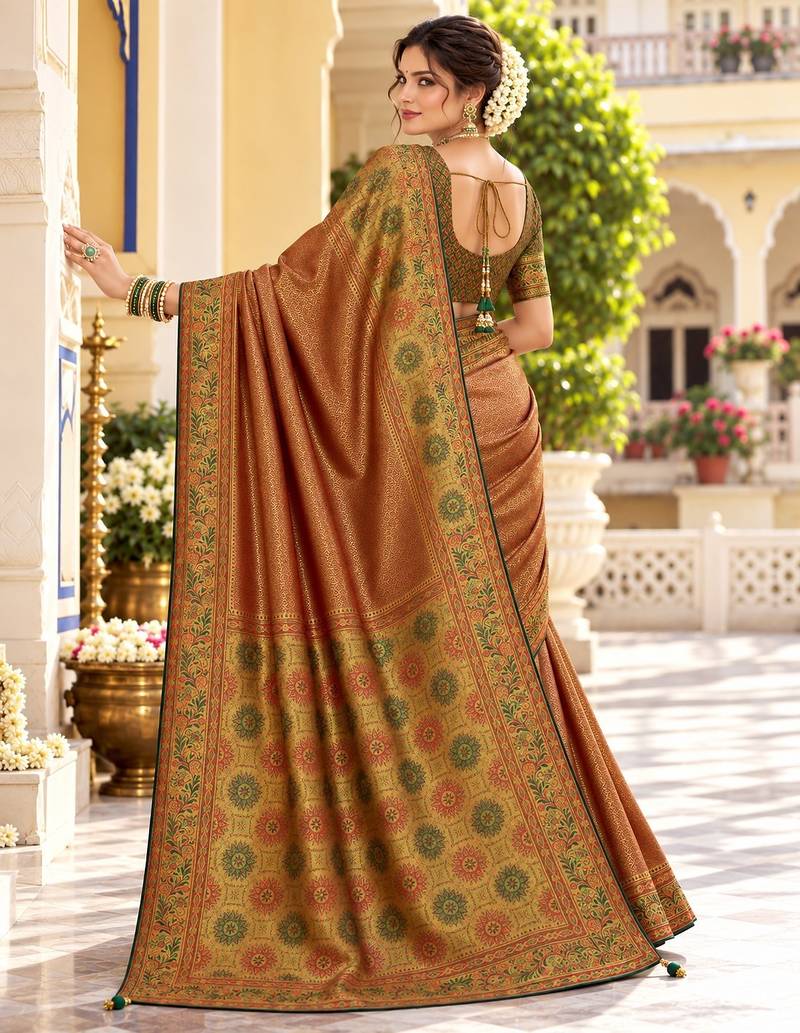 Brown color satin tissue wevon jari designer graceful ethnic fancy saree