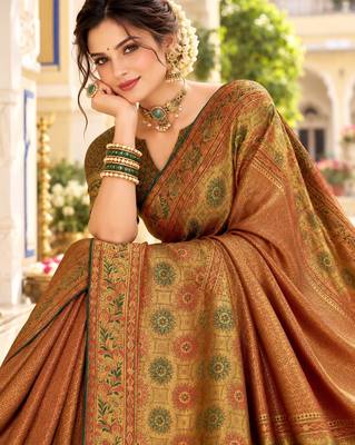 Brown color satin tissue wevon jari designer graceful ethnic fancy saree 3