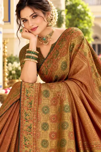 Brown color satin tissue wevon jari designer graceful ethnic fancy saree
